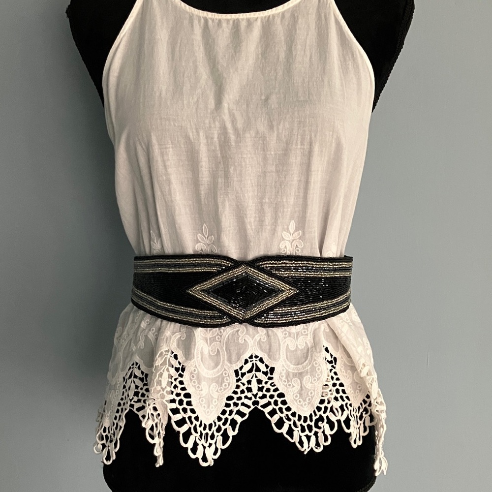 Vintage Carla Marchi Black and Silver Beaded Stretch Belt Art Deco Cinch Waist - Picture 2 of 11